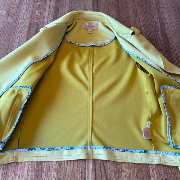 Philosophy Women’s Sz S Mustard Yellow Open Front Faux Leather Jacket Moto Style - Picture 2 of 10